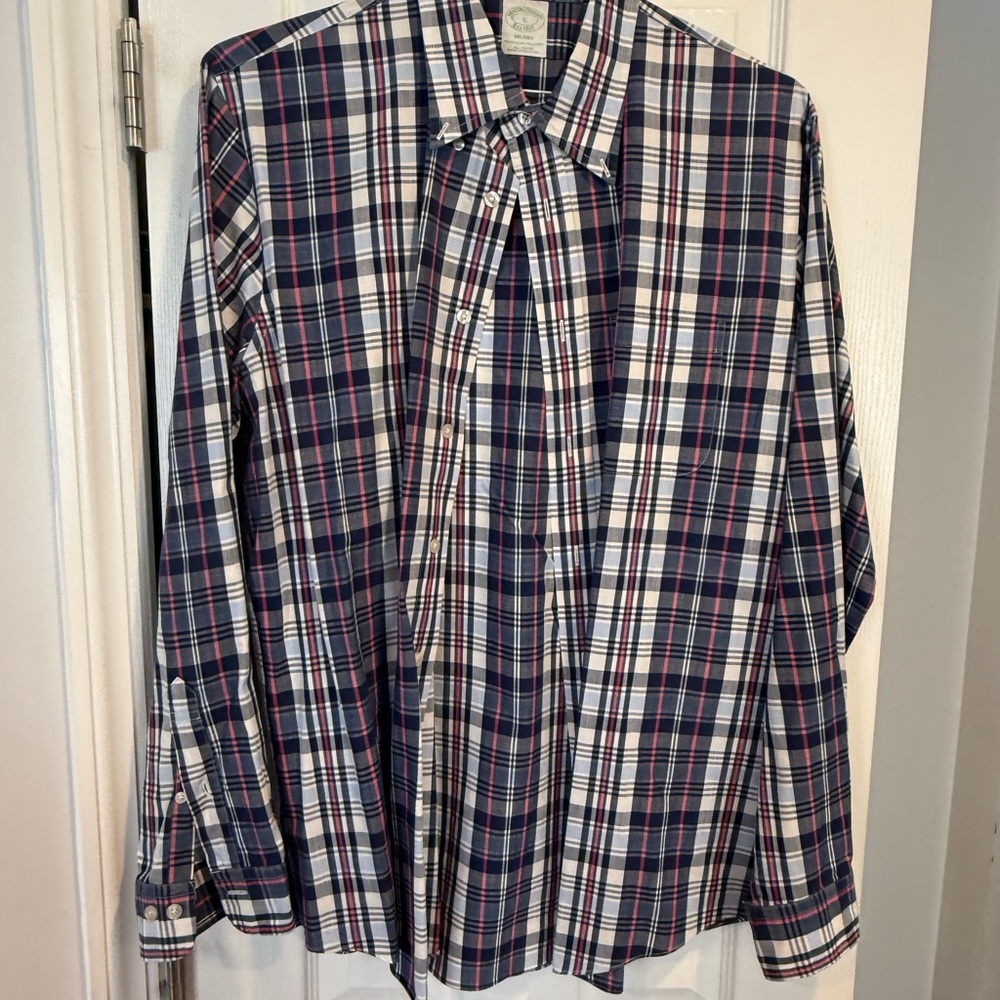 Brooks Brothers Navy and Pink Plaid Polo